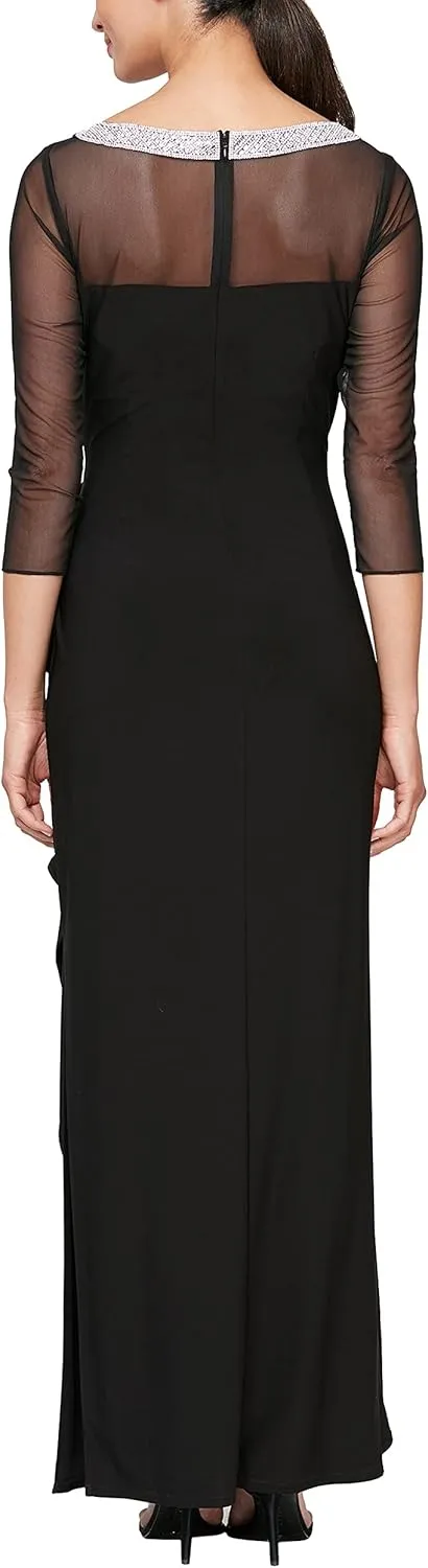 Alex Evenings Women's Long Matte Jersey Mother of The Bride Dress with 3/4 Illusion Sleeves (Petite and Regular Sizes)