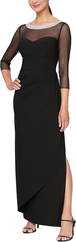 Alex Evenings Women's Long Matte Jersey Mother of The Bride Dress with 3/4 Illusion Sleeves (Petite and Regular Sizes)