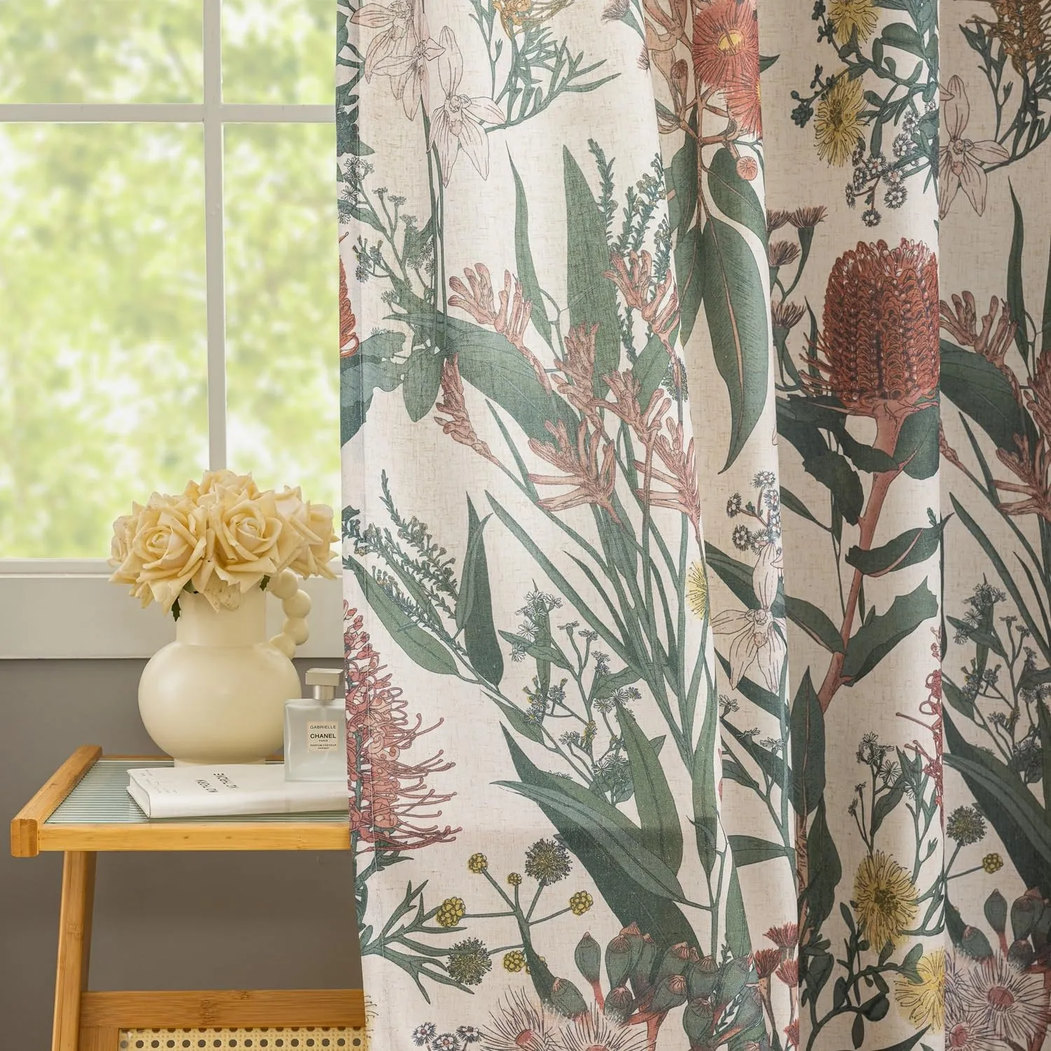ALIGOGO Linen Floral Curtains for Living Room - 96 inches Long Botanical Print Boho Exotic Themed Tropical Spring/Summer Light Filtering Anthropologie Curtains Grommet 2 Pieces 50" W x 96" L