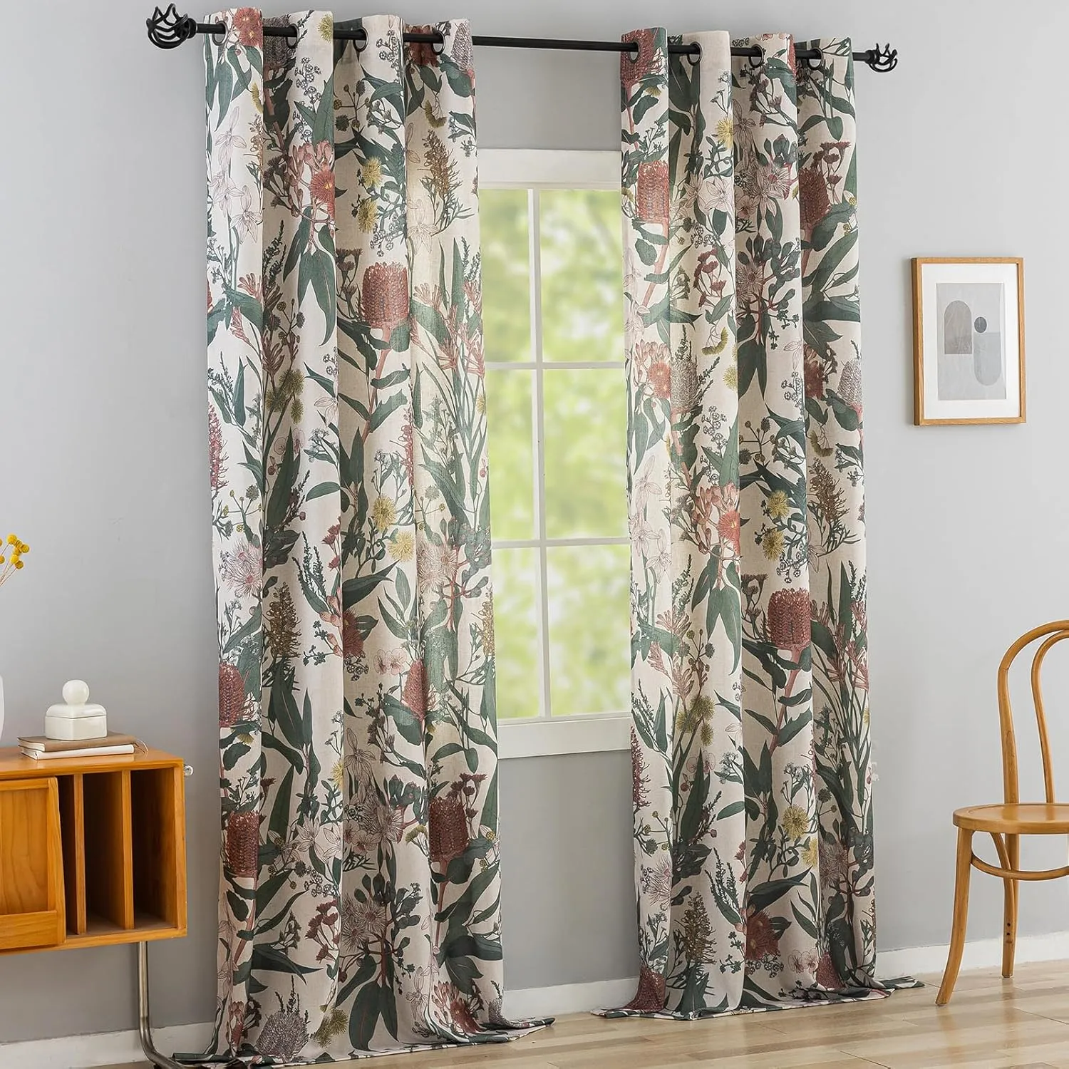 ALIGOGO Linen Floral Curtains for Living Room - 96 inches Long Botanical Print Boho Exotic Themed Tropical Spring/Summer Light Filtering Anthropologie Curtains Grommet 2 Pieces 50" W x 96" L