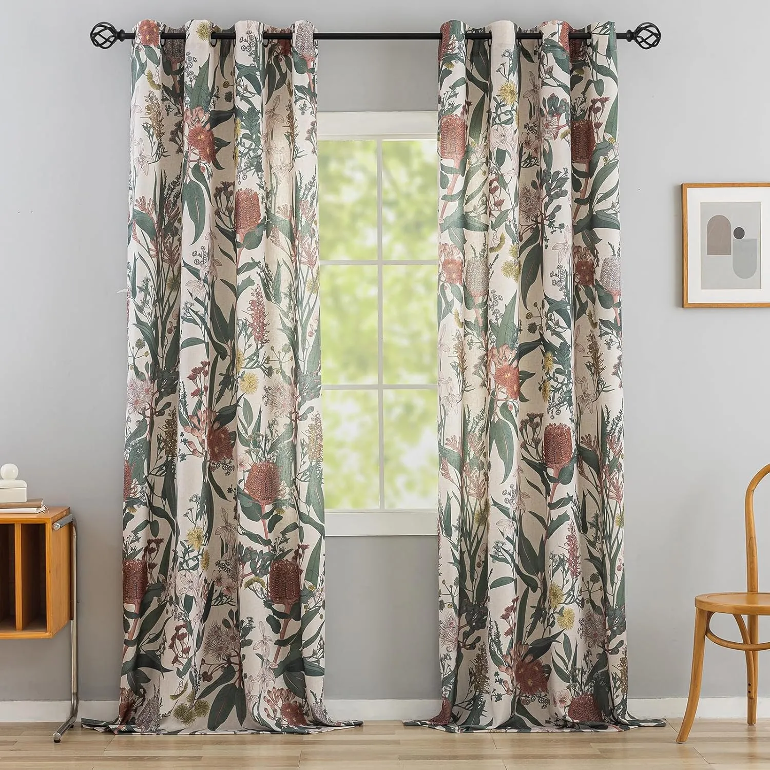 ALIGOGO Linen Floral Curtains for Living Room - 96 inches Long Botanical Print Boho Exotic Themed Tropical Spring/Summer Light Filtering Anthropologie Curtains Grommet 2 Pieces 50" W x 96" L