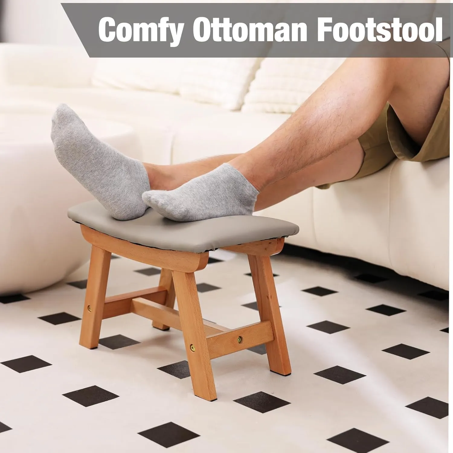 Allinside Faux Leather Ottoman Footstool, with Soft Curved Seat Cushion Sofa Foot Stool, Wooden Upholstered Foot Rest Under Desk, Extra Seating for Living Room, Entryway (Grey)