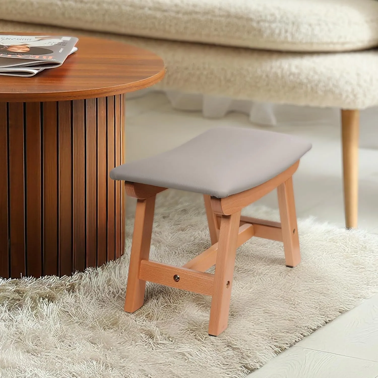 Allinside Faux Leather Ottoman Footstool, with Soft Curved Seat Cushion Sofa Foot Stool, Wooden Upholstered Foot Rest Under Desk, Extra Seating for Living Room, Entryway (Grey)