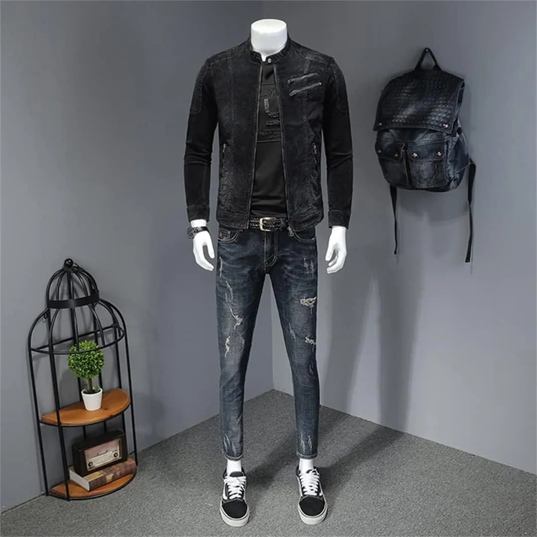 Alloaone Men Style Bomber Aviator Motorcycle Denim Slim Street Spring Autumn Streetwear Cowboy Outwear