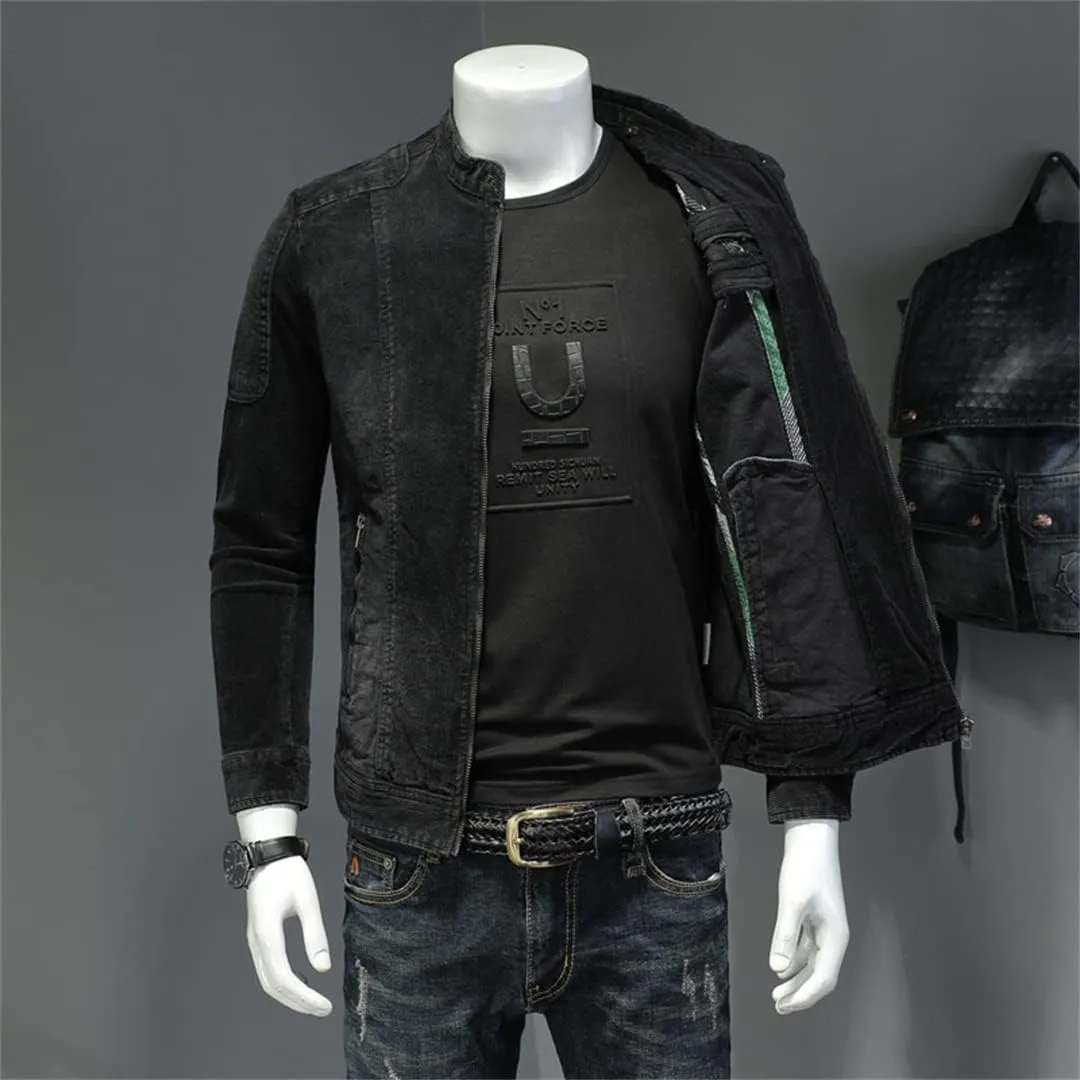 Alloaone Men Style Bomber Aviator Motorcycle Denim Slim Street Spring Autumn Streetwear Cowboy Outwear