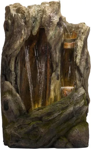 Alpine Corporation 62" Rustic Outdoor Tree Trunk Waterfall Fountain with LED Lights – Natural Wood-Look Water Feature for Gardens, Patios, Yards, and Landscaping Decor, Resin