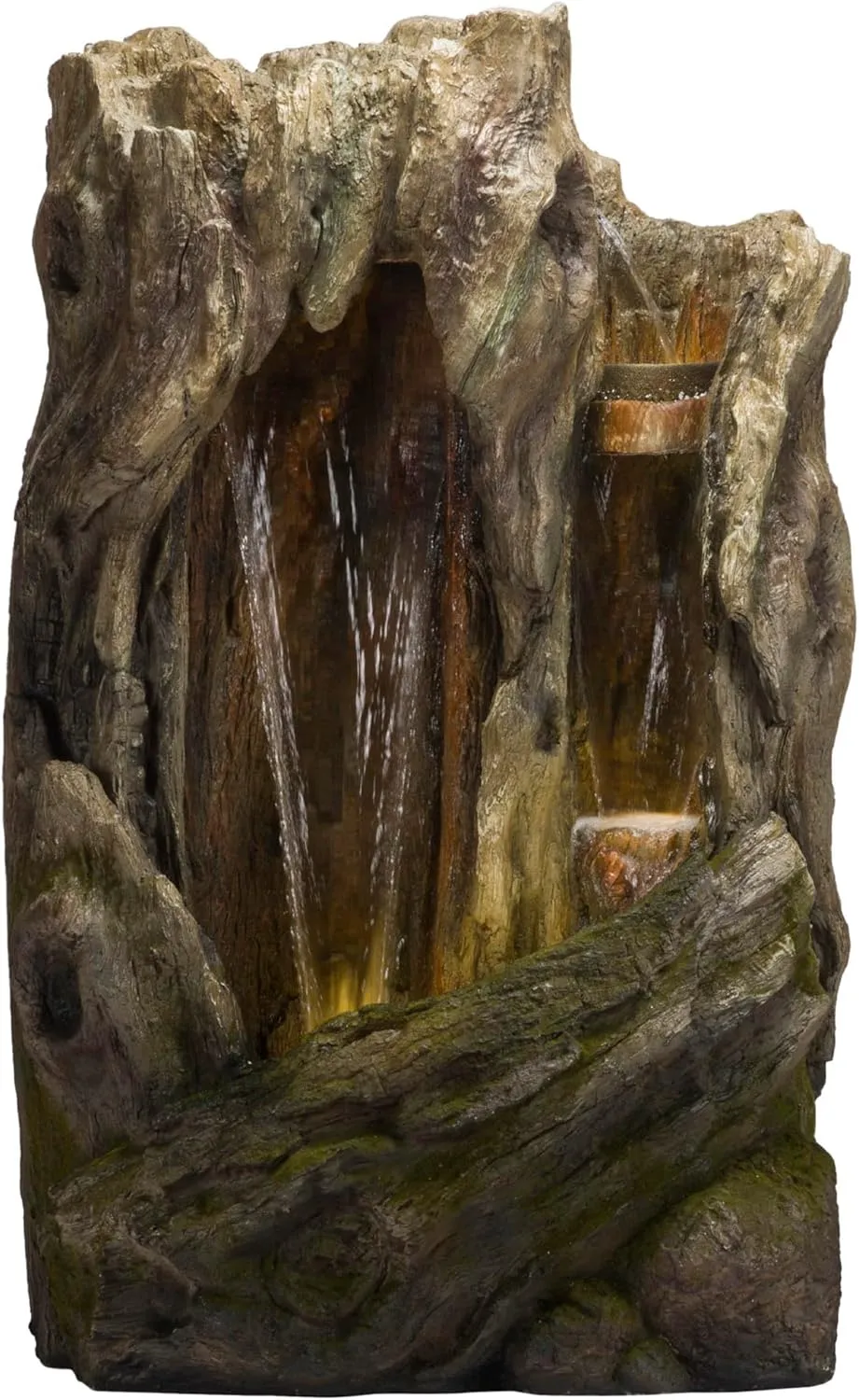 Alpine Corporation 62" Rustic Outdoor Tree Trunk Waterfall Fountain with LED Lights – Natural Wood-Look Water Feature for Gardens, Patios, Yards, and Landscaping Decor, Resin