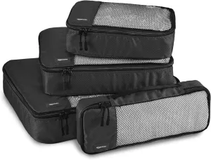 Amazon Basics Packing Cubes for Travel, Packing Organizers Set, 4-Piece-Set (Slim, Small, Medium, Large) With Double Zipper Pulls and Mesh Top Panel, 100% Durable Polyester, Black