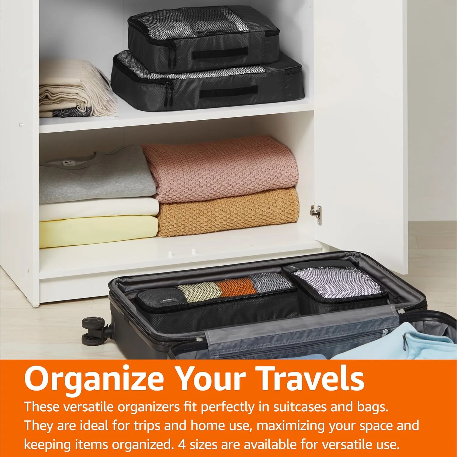 Amazon Basics Packing Cubes for Travel, Packing Organizers Set, 4-Piece-Set (Slim, Small, Medium, Large) With Double Zipper Pulls and Mesh Top Panel, 100% Durable Polyester, Black