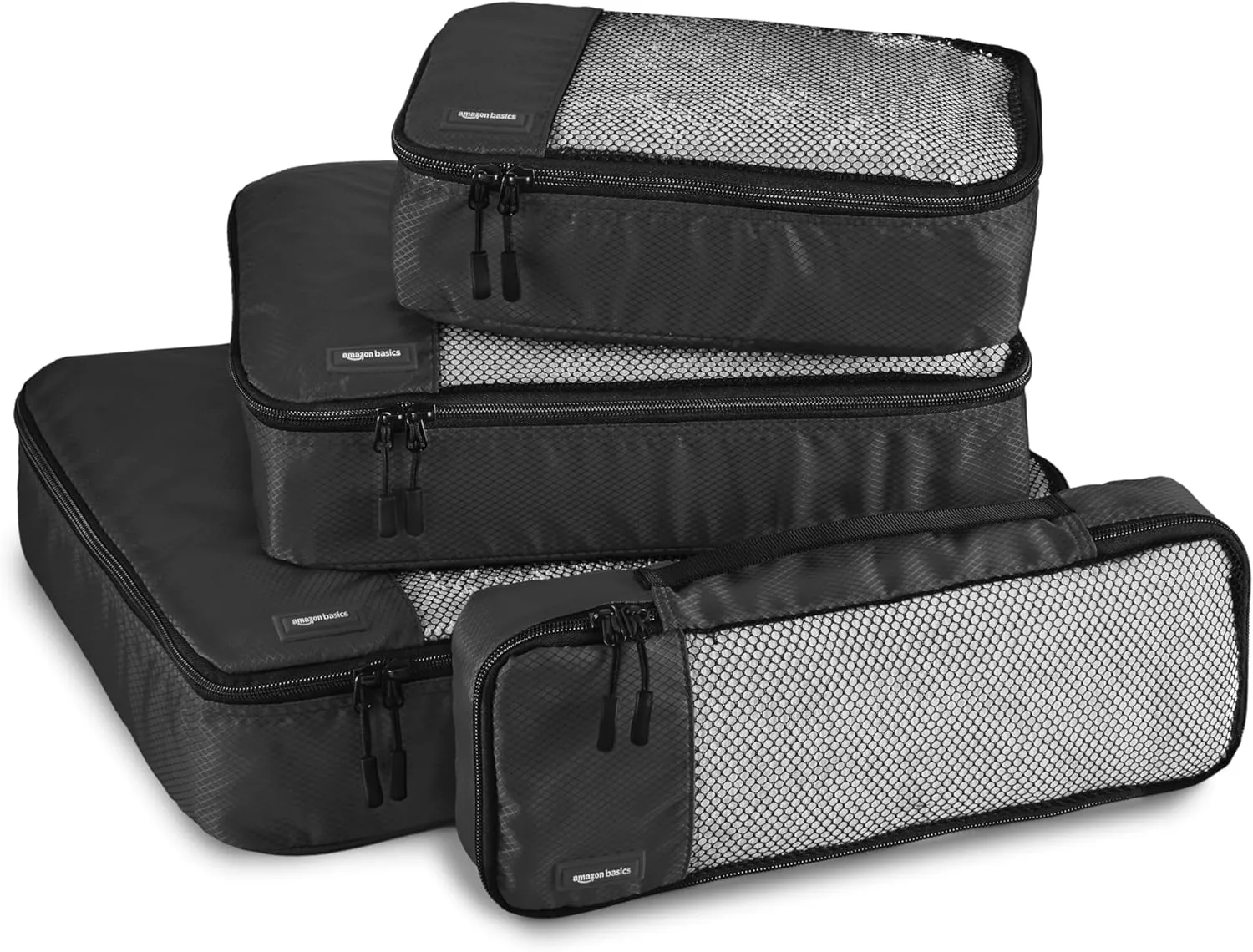 Amazon Basics Packing Cubes for Travel, Packing Organizers Set, 4-Piece-Set (Slim, Small, Medium, Large) With Double Zipper Pulls and Mesh Top Panel, 100% Durable Polyester, Black