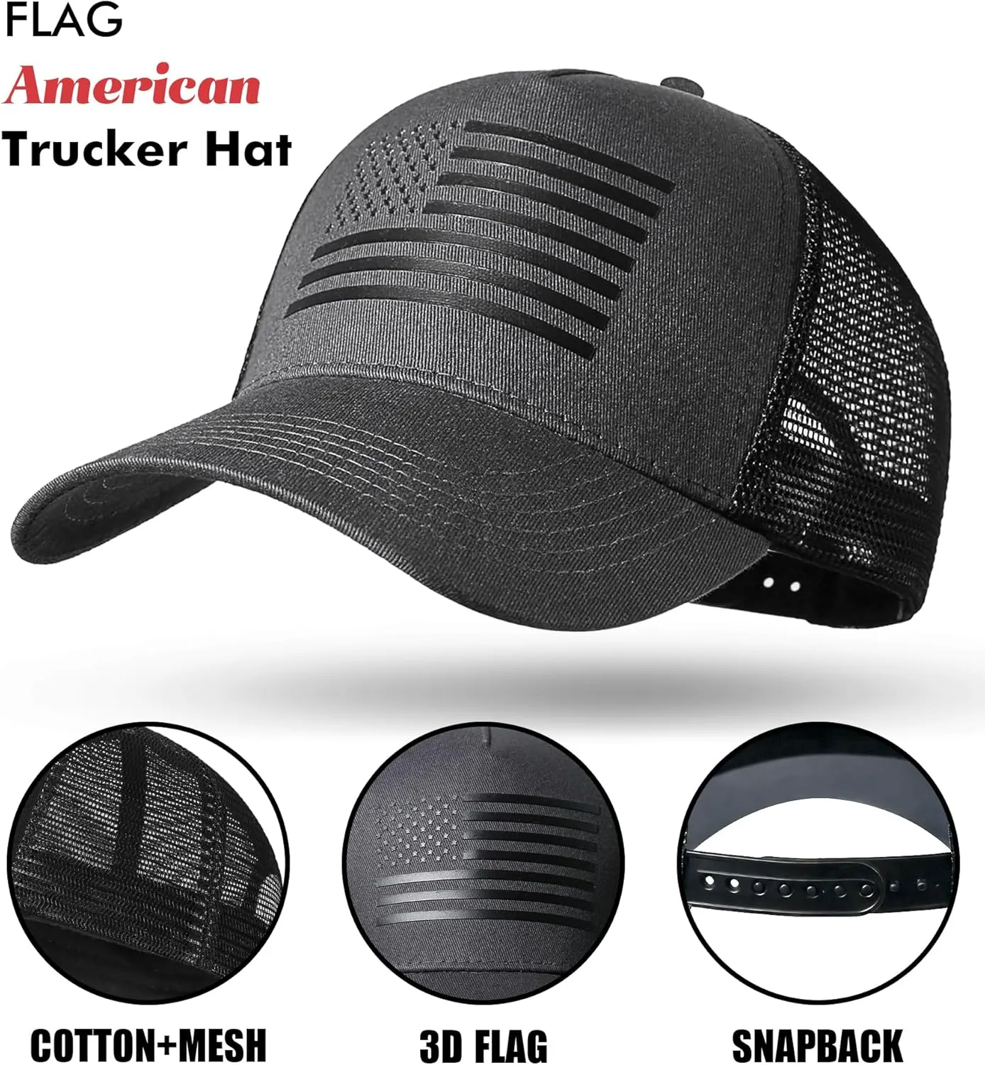 American Flag Trucker Hat Baseball Cap Snapback Fitted Hats for Men Women Snap Closure Design Breathable Mesh Side Durable