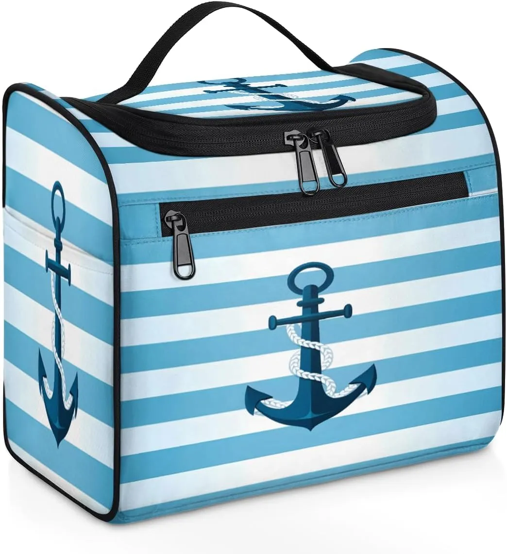 Anchor Blue Pattern Travel Toiletry Bag for Men and Women, Large Hanging Makeup Bag Organizer Toiletries Bag for Travel, Cosmetic Bag with Handle
