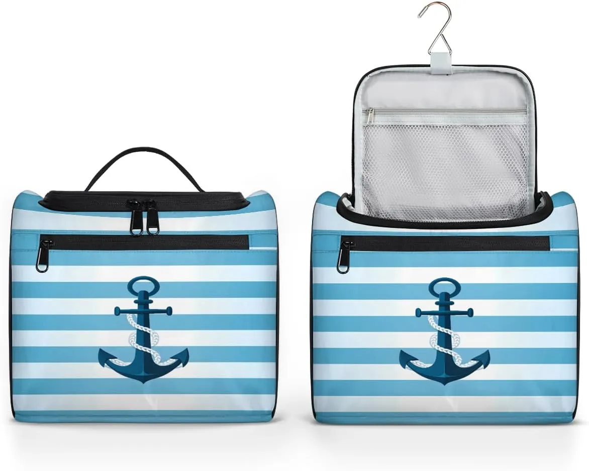 Anchor Blue Pattern Travel Toiletry Bag for Men and Women, Large Hanging Makeup Bag Organizer Toiletries Bag for Travel, Cosmetic Bag with Handle