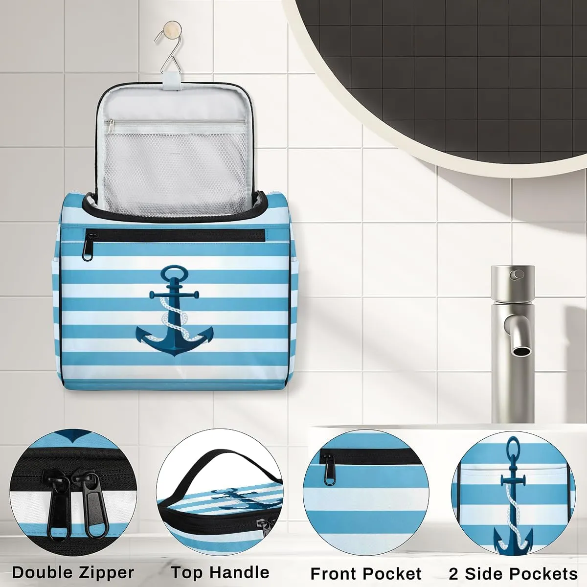 Anchor Blue Pattern Travel Toiletry Bag for Men and Women, Large Hanging Makeup Bag Organizer Toiletries Bag for Travel, Cosmetic Bag with Handle