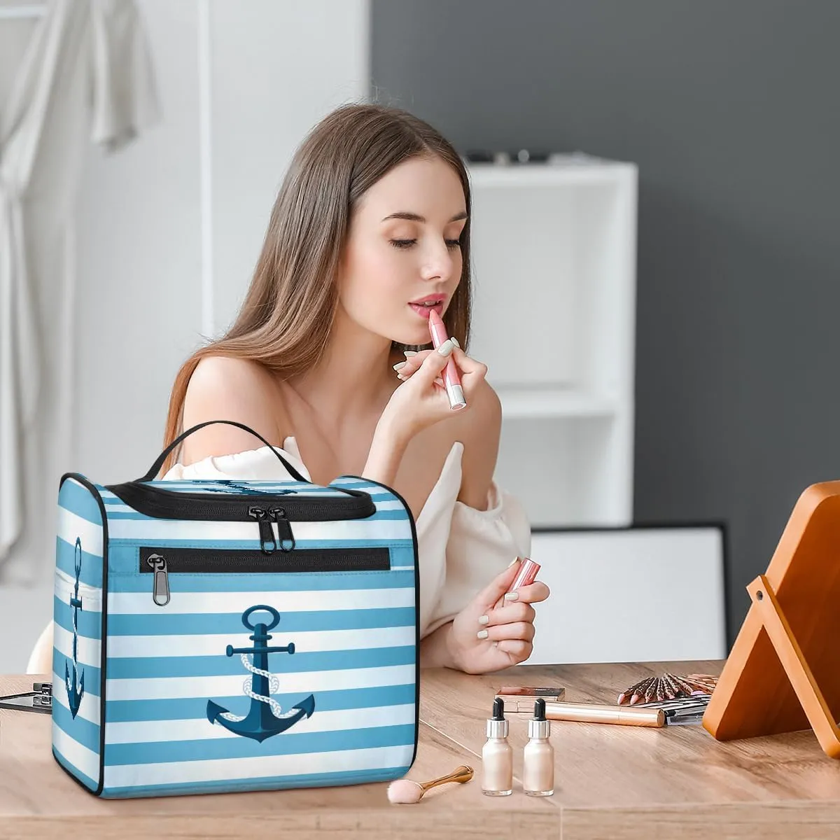 Anchor Blue Pattern Travel Toiletry Bag for Men and Women, Large Hanging Makeup Bag Organizer Toiletries Bag for Travel, Cosmetic Bag with Handle