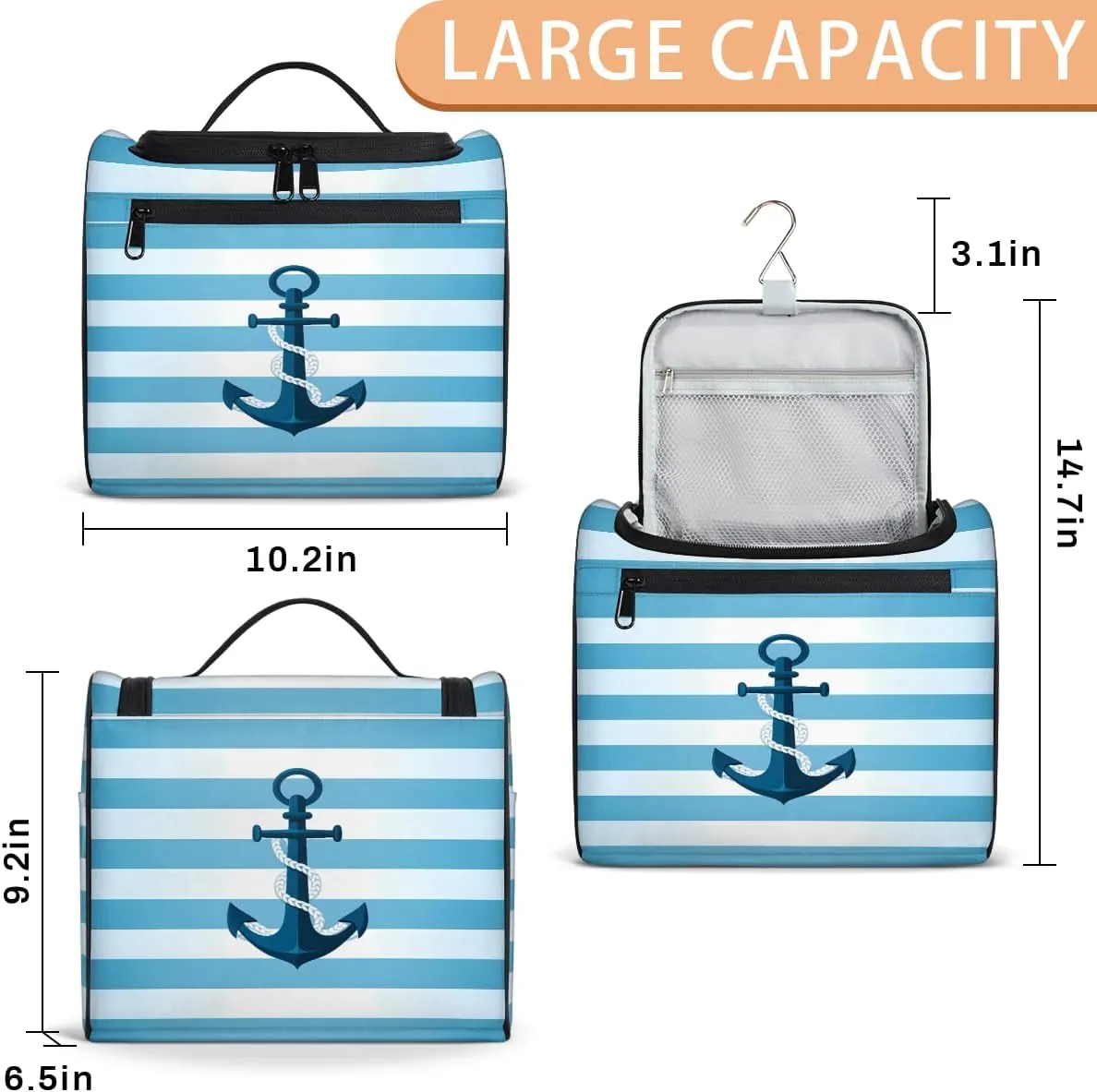 Anchor Blue Pattern Travel Toiletry Bag for Men and Women, Large Hanging Makeup Bag Organizer Toiletries Bag for Travel, Cosmetic Bag with Handle