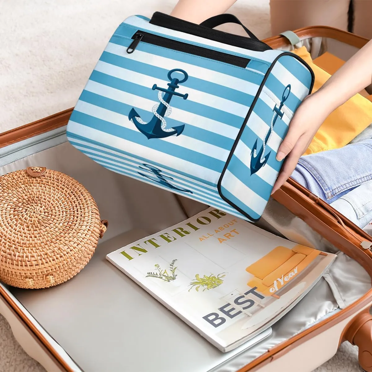 Anchor Blue Pattern Travel Toiletry Bag for Men and Women, Large Hanging Makeup Bag Organizer Toiletries Bag for Travel, Cosmetic Bag with Handle