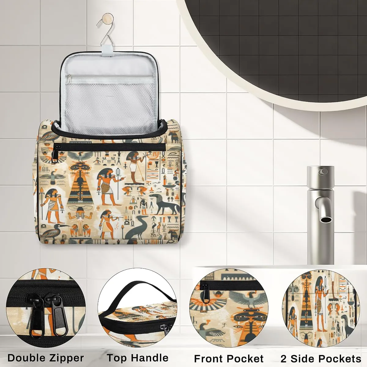 Ancient Egyptian Travel Toiletry Bag for Men and Women, Large Hanging Makeup Bag Organizer Toiletries Bag for Travel, Cosmetic Bag with Handle
