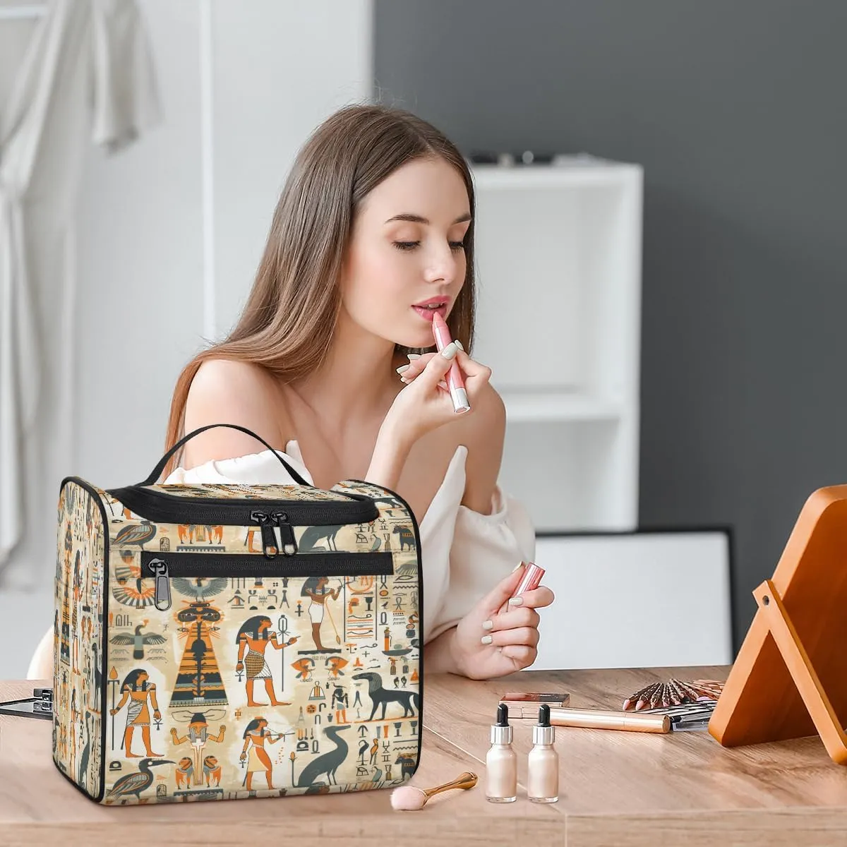 Ancient Egyptian Travel Toiletry Bag for Men and Women, Large Hanging Makeup Bag Organizer Toiletries Bag for Travel, Cosmetic Bag with Handle