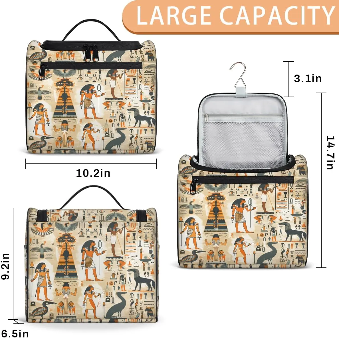 Ancient Egyptian Travel Toiletry Bag for Men and Women, Large Hanging Makeup Bag Organizer Toiletries Bag for Travel, Cosmetic Bag with Handle