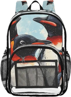 Animals Kids PVC Clear Backpack Emperor Penguins Heavy Duty Multi-pockets Large Capacity Transparent See Through Bookbag for School Travel Sport Work