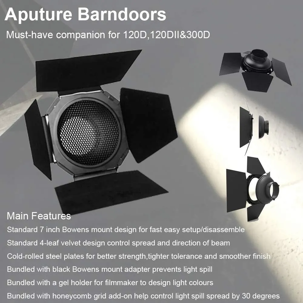 Aputure Barndoors with Bowens Mount, Durable Metal Build, 4-Leaf Velvet Fabric, Honeycomb & Magnetic Gel Holder for amaran 60d 100d 200d, Aputure 300D 300x,amaran 300c 150c