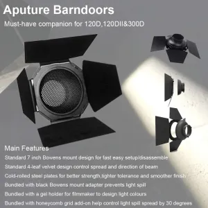 Aputure Barndoors with Bowens Mount, Durable Metal Build, 4-Leaf Velvet Fabric, Honeycomb & Magnetic Gel Holder for amaran 60d 100d 200d, Aputure 300D 300x,amaran 300c 150c
