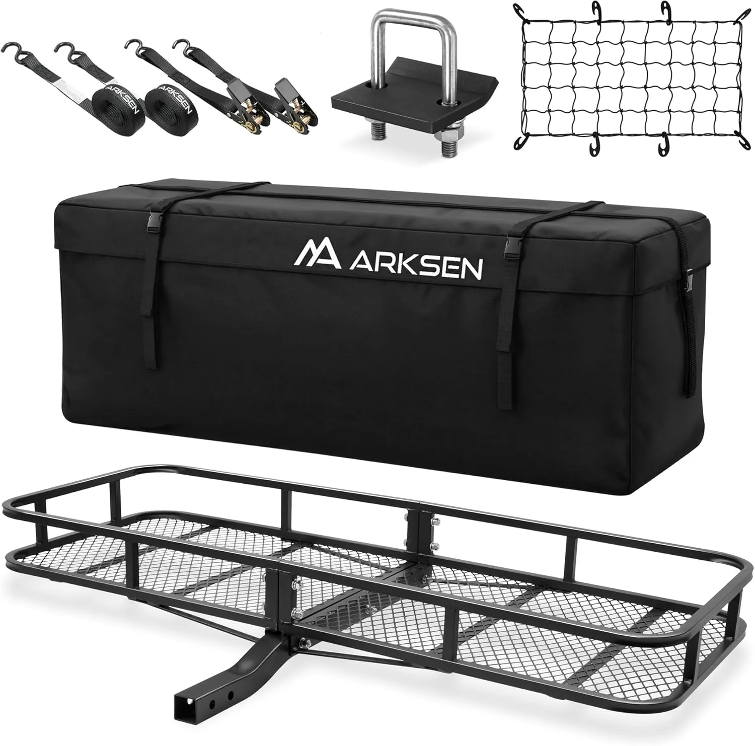 ARKSEN 60 x 23 x 5.5 Inch Hitch Cargo Carrier with Cargo Bag&Net, Hitch Stabilizer, 2 Ratchet Straps, 500 Lbs Capacity 2'' Receiver Tow Hitch Luggage Storage Basket for SUV, Pickup Truck & Car
