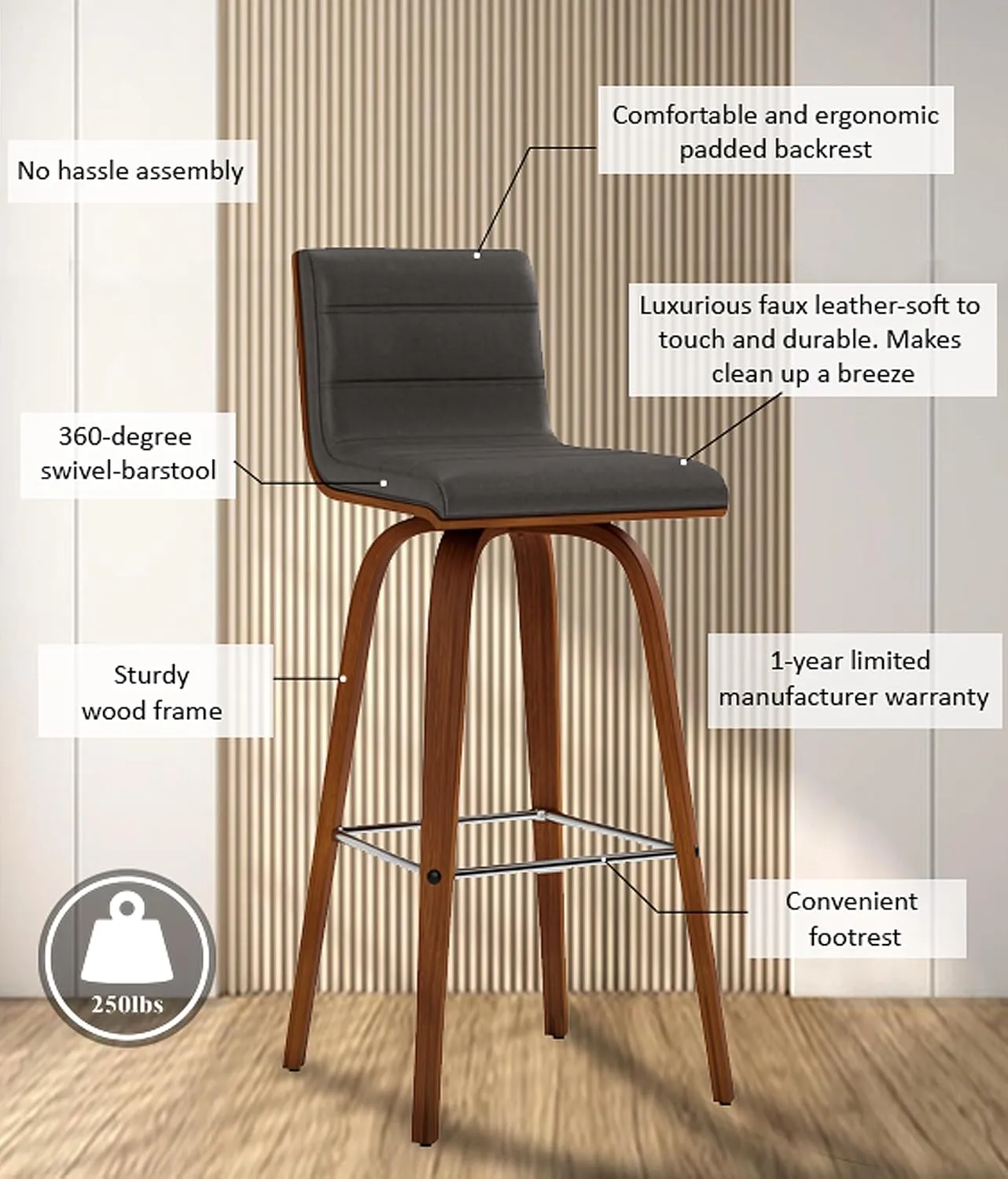 Armen Living Vienna Mid-Century Modern 30" Bar height Barstool Faux Leather Wood Finish, Grey/Walnut