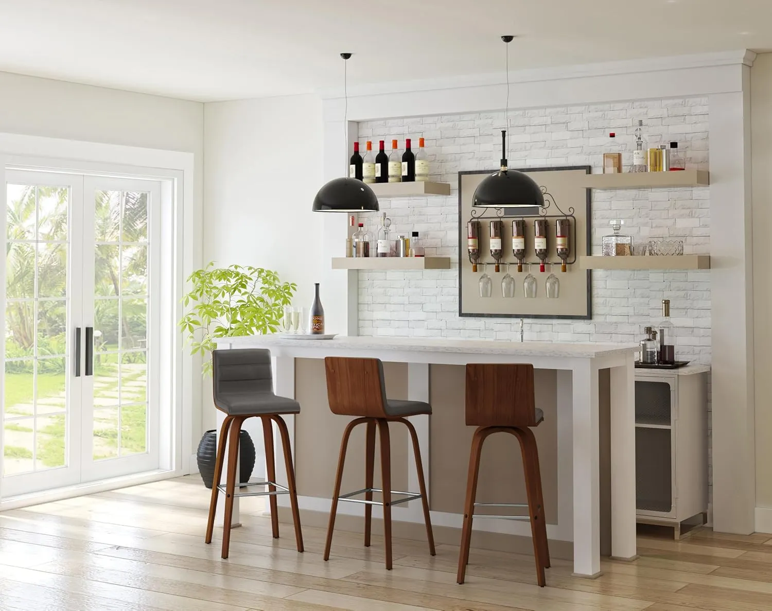 Armen Living Vienna Mid-Century Modern 30" Bar height Barstool Faux Leather Wood Finish, Grey/Walnut
