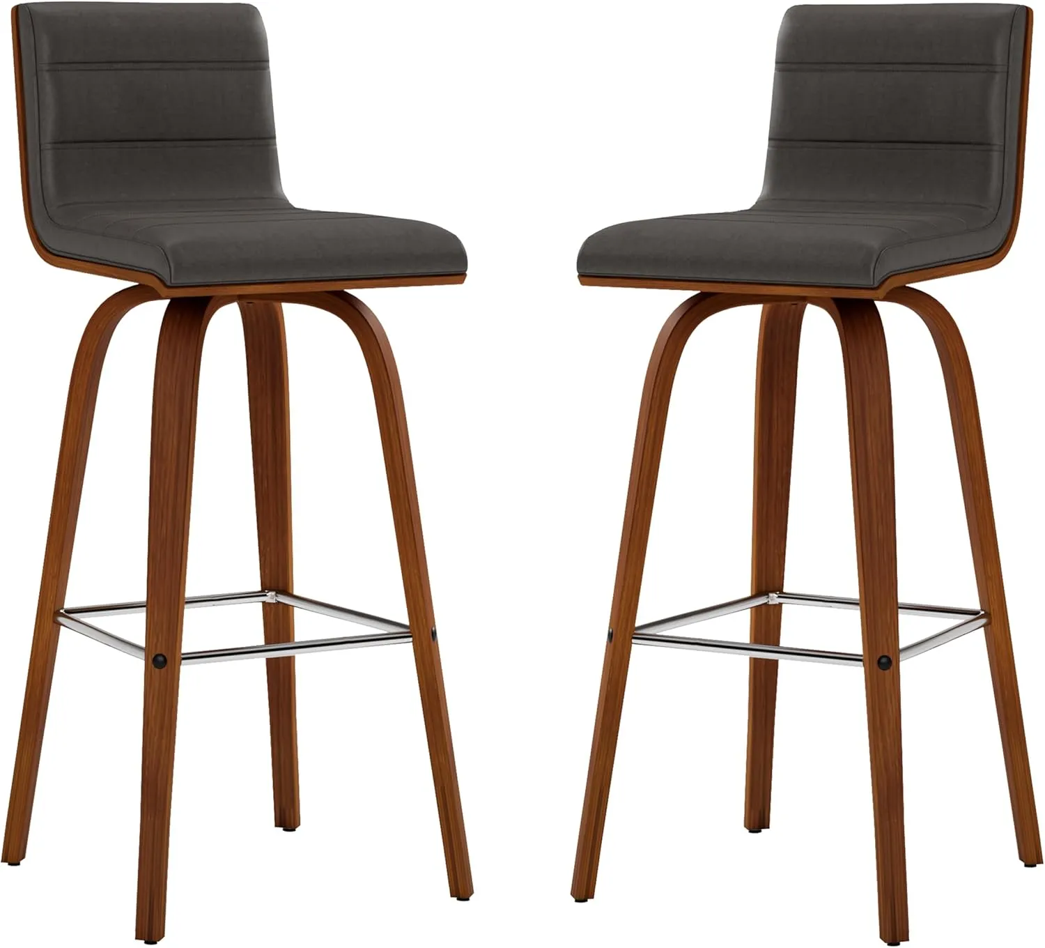 Armen Living Vienna Mid-Century Modern 30" Bar height Barstool Faux Leather Wood Finish, Grey/Walnut