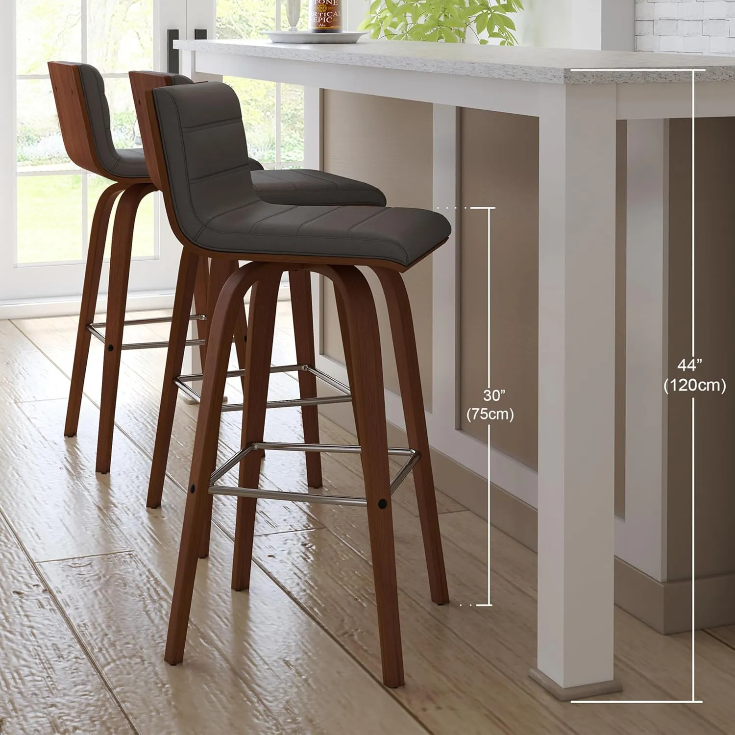 Armen Living Vienna Mid-Century Modern 30" Bar height Barstool Faux Leather Wood Finish, Grey/Walnut
