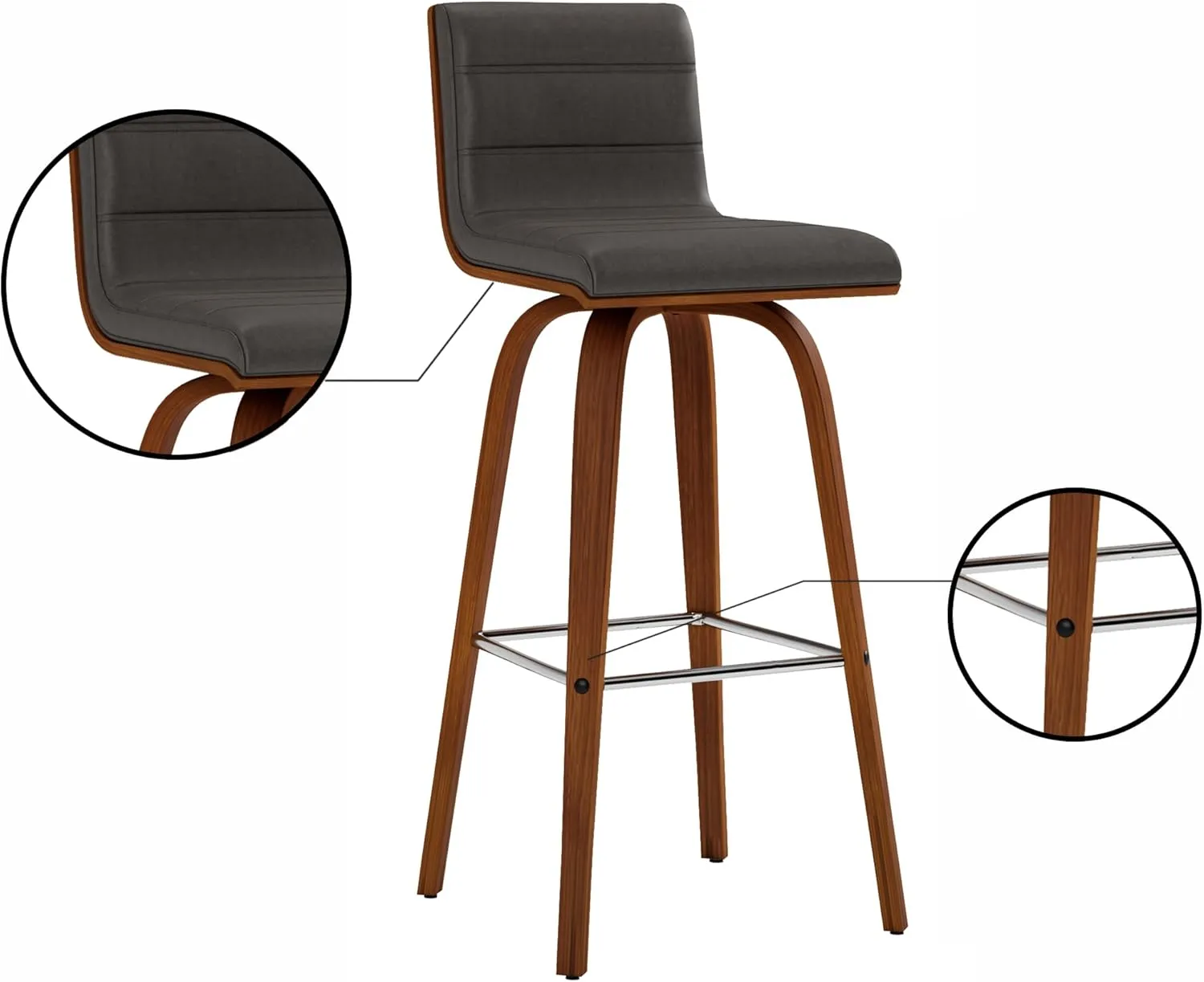 Armen Living Vienna Mid-Century Modern 30" Bar height Barstool Faux Leather Wood Finish, Grey/Walnut