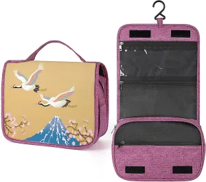 Asian Theme,Toiletry Bag Travel Bag with Hanging Hook,Japanese Flying Mountain and Cherry Blossoms,Water-resistant Makeup Cosmetic Bag Organizer for Makeup Accessories,Full-size Container,Blue