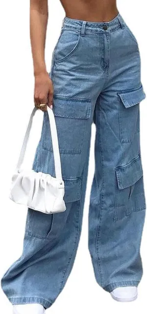 AULKEEP Womens Wide Leg Bell-Bottomed Pants Loose Baggy Denim Pants Multi-Pocket High Waist Blue Jeans