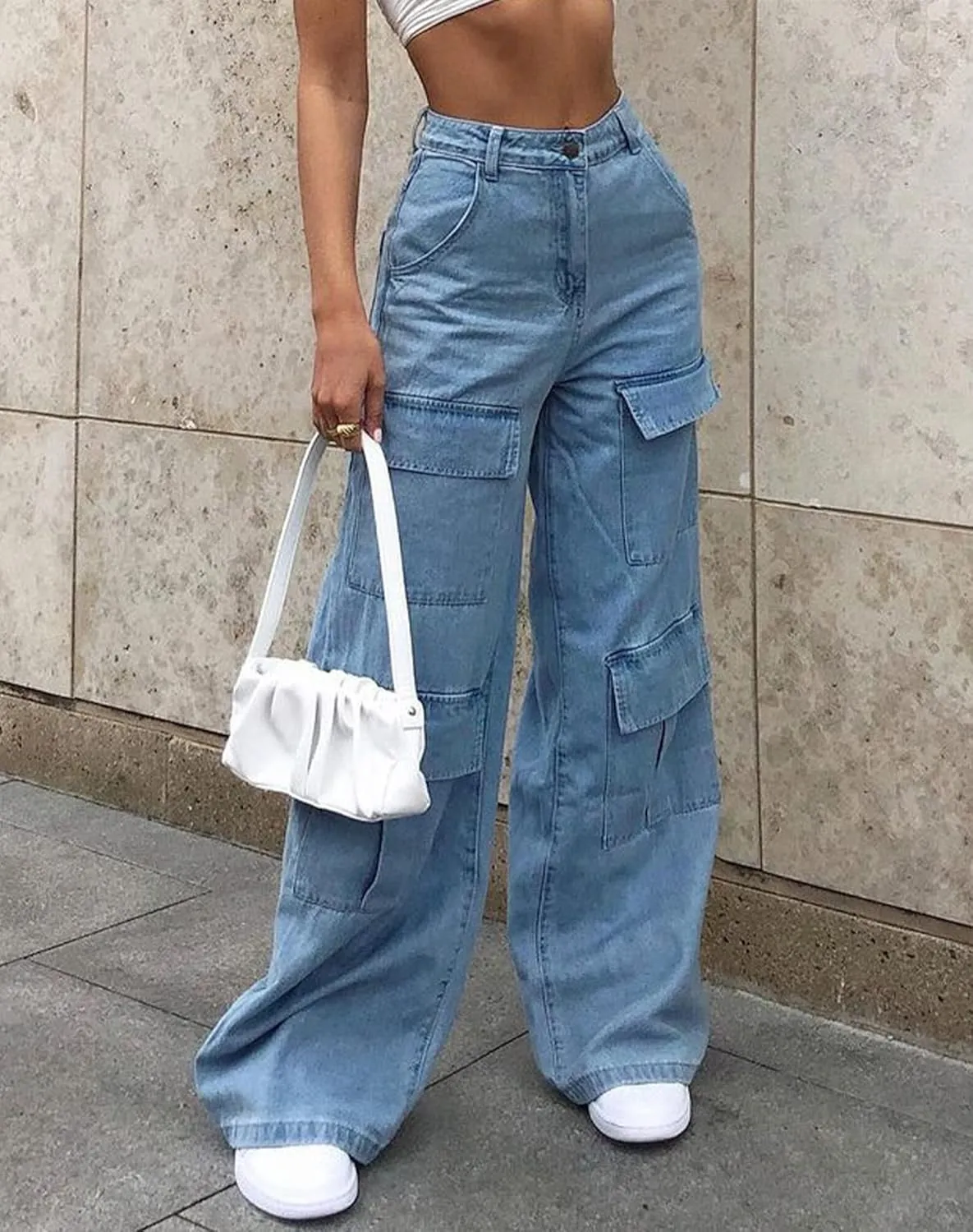 AULKEEP Womens Wide Leg Bell-Bottomed Pants Loose Baggy Denim Pants Multi-Pocket High Waist Blue Jeans