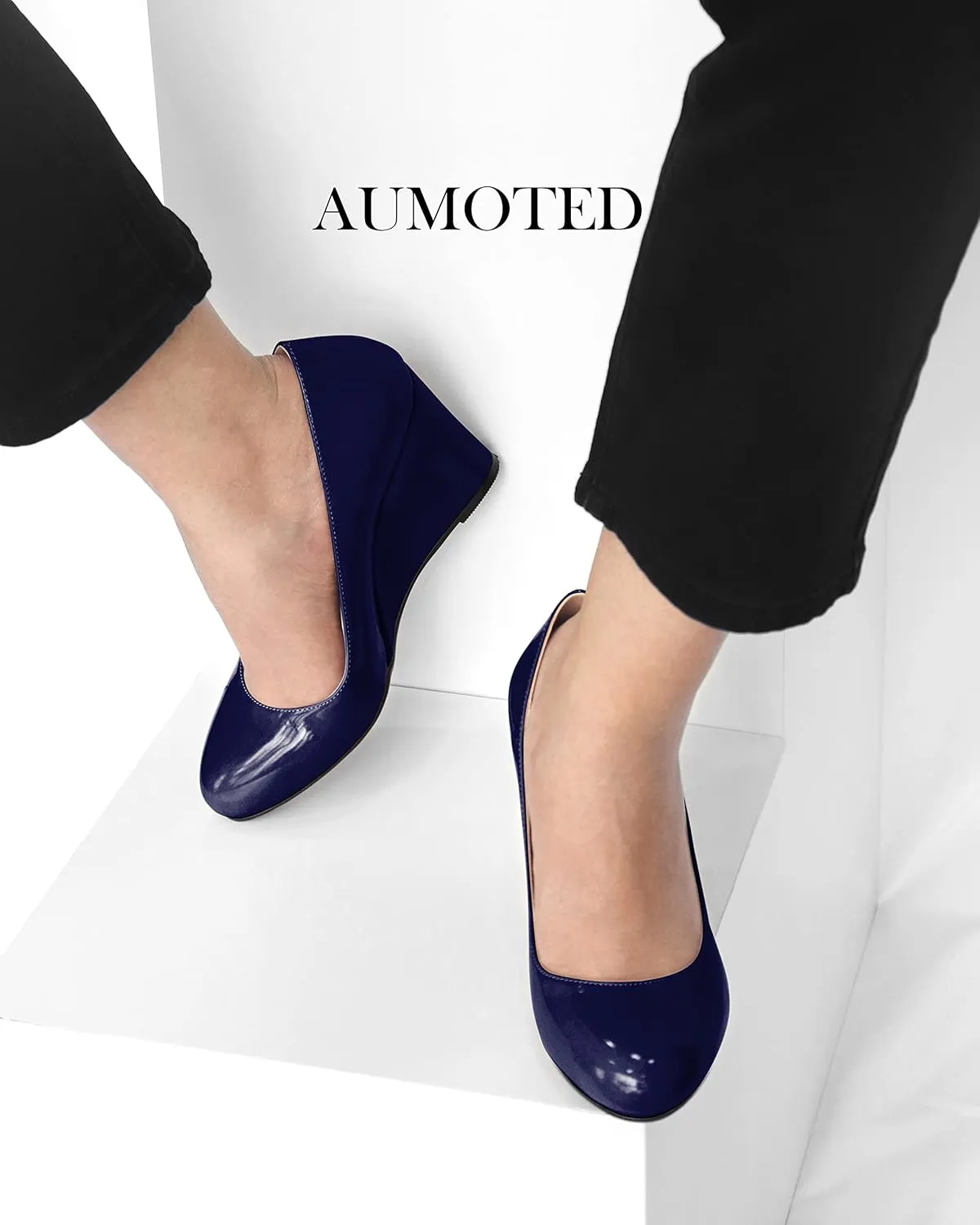 AUMOTED Women's Wedges Heel Pumps Solid Solid Closed Round Toe Wedge Pumps Slip On 3.5 Inch Wedge Suede Heels for Dress Working Evening