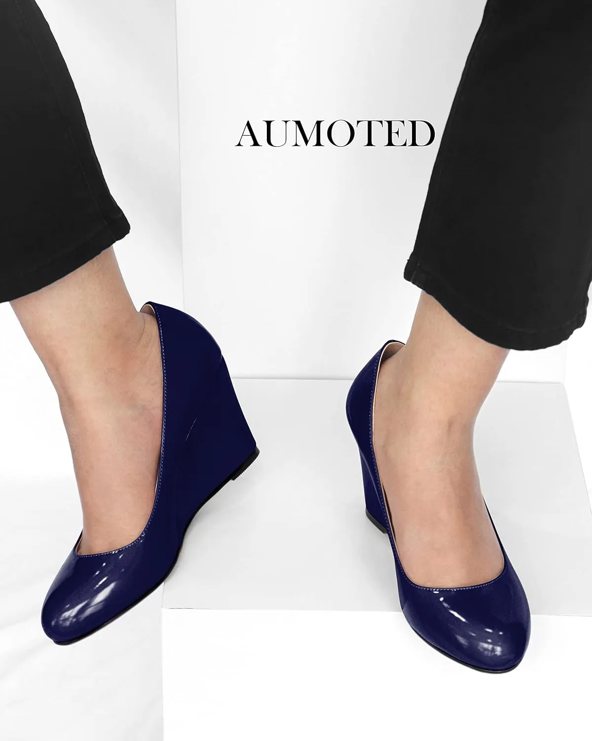 AUMOTED Women's Wedges Heel Pumps Solid Solid Closed Round Toe Wedge Pumps Slip On 3.5 Inch Wedge Suede Heels for Dress Working Evening