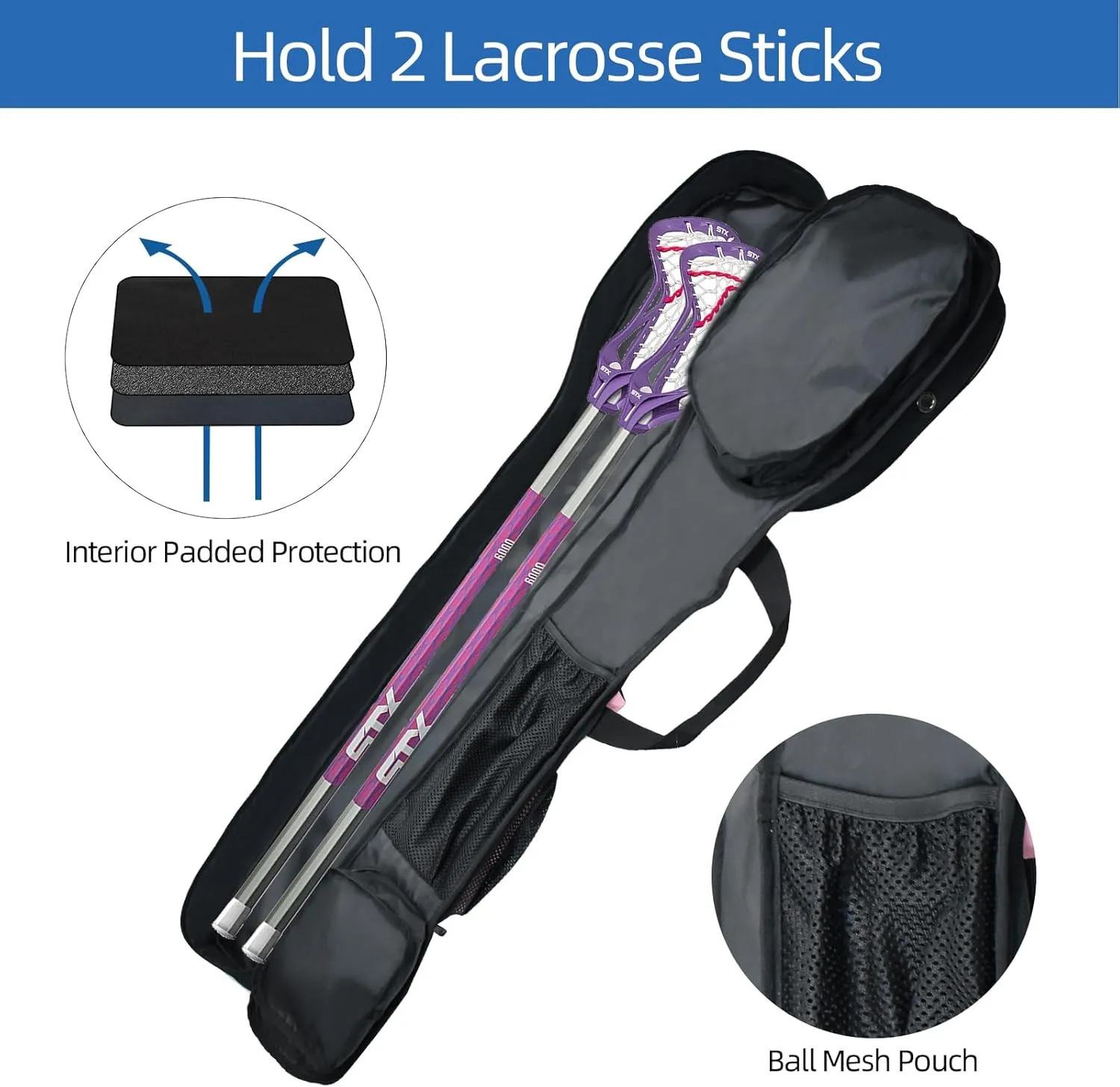 AUMTISC Lacrosse Stick Bag for Men Women, Padded Lacrosse Equipment Bag with Separate Cleats Compartment, Removable Shoulder Strap and Water Bottle Pocket, 46" Lax Stick Gear Bag