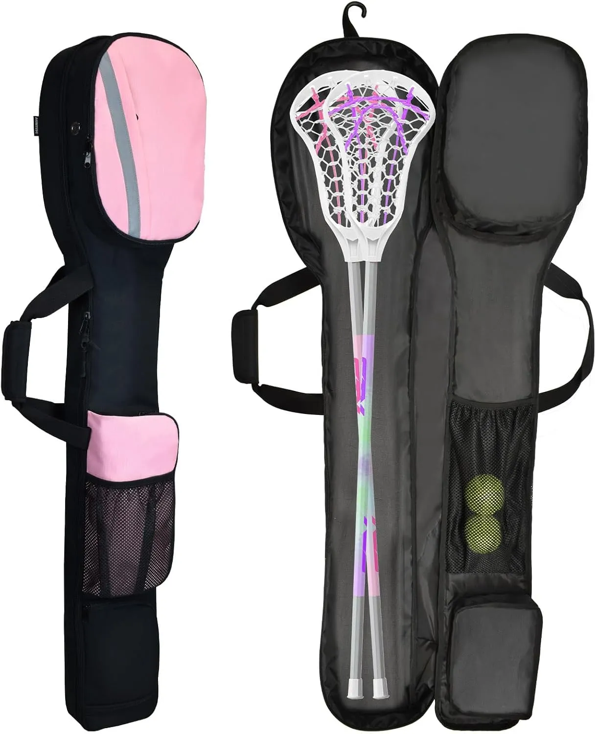 AUMTISC Lacrosse Stick Bag for Men Women, Padded Lacrosse Equipment Bag with Separate Cleats Compartment, Removable Shoulder Strap and Water Bottle Pocket, 46" Lax Stick Gear Bag