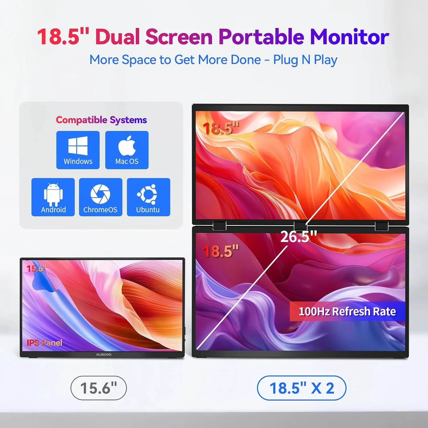AUSDOM 18.5" Dual Screen Portable Monitor, 18.5 inch 100Hz 1080P Large Folding Stacked External Display for Laptop, Travel Foldable Screen Extender Double Mobile Computer Display for Win/Mac, Black