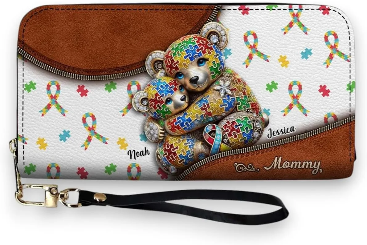 Autism Mom - Personalized Autism Awareness Leather Long Wallet, Women PU Leather Wallet with Credit Card Holder Multiple Card Slots Clutch Zip Around Purse
