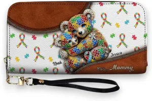 Autism Mom - Personalized Autism Awareness Leather Long Wallet, Women PU Leather Wallet with Credit Card Holder Multiple Card Slots Clutch Zip Around Purse