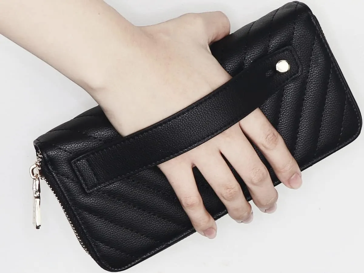 B BRENTANO Vegan Leather Double Zipper Pocket Wallet with Grip Hand Strap RFID Blocking (NN ZEBRA BLACK)