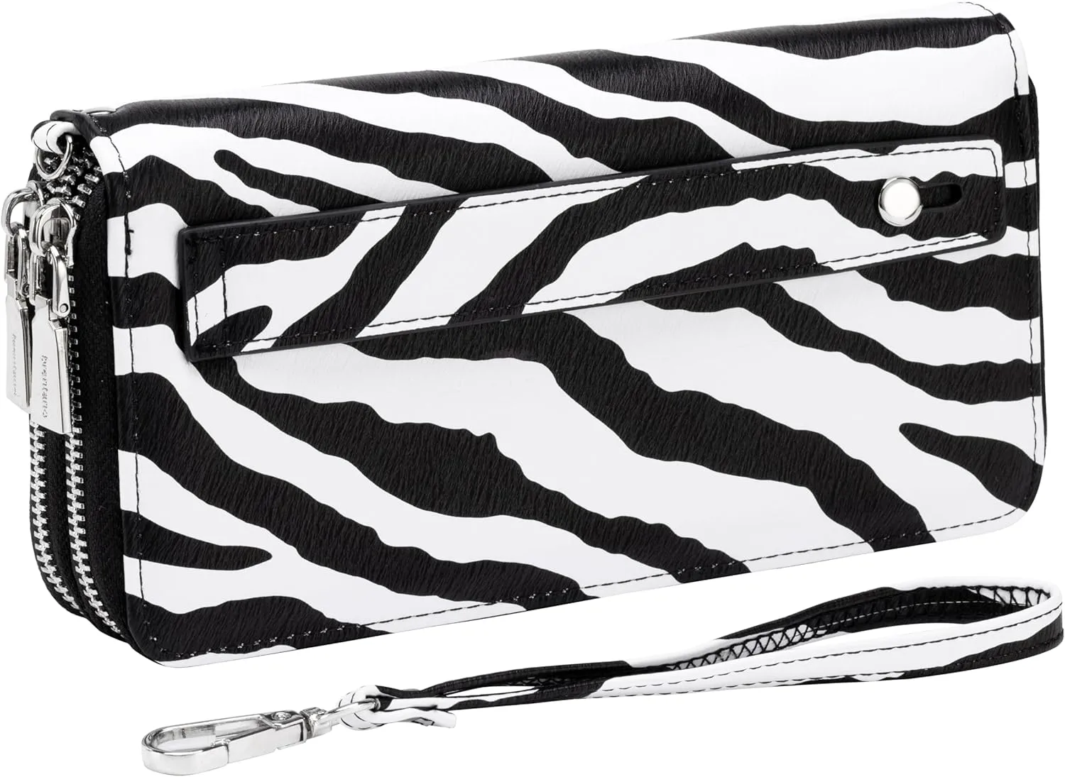 B BRENTANO Vegan Leather Double Zipper Pocket Wallet with Grip Hand Strap RFID Blocking (NN ZEBRA BLACK)