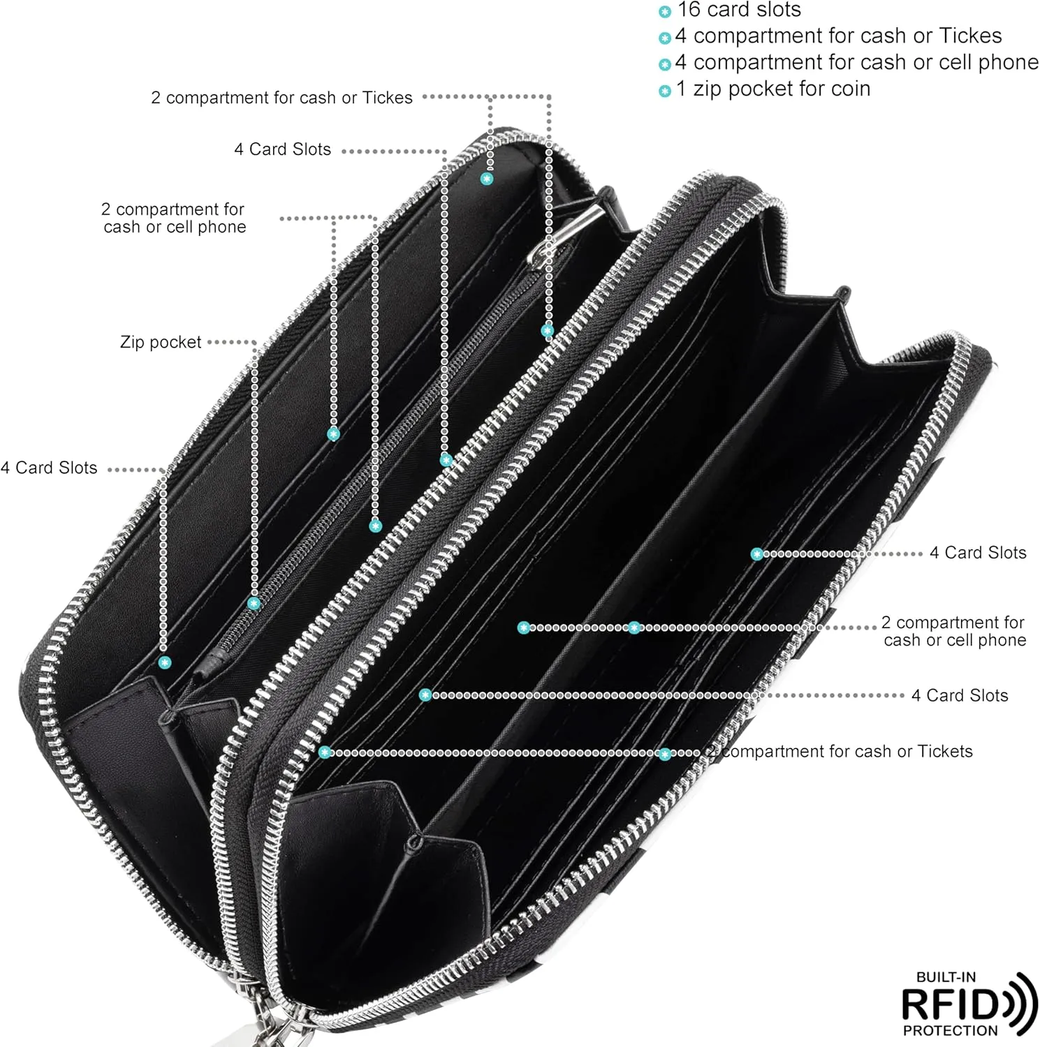 B BRENTANO Vegan Leather Double Zipper Pocket Wallet with Grip Hand Strap RFID Blocking (NN ZEBRA BLACK)