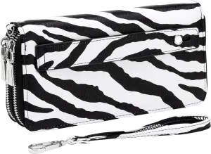 B BRENTANO Vegan Leather Double Zipper Pocket Wallet with Grip Hand Strap RFID Blocking (NN ZEBRA BLACK)