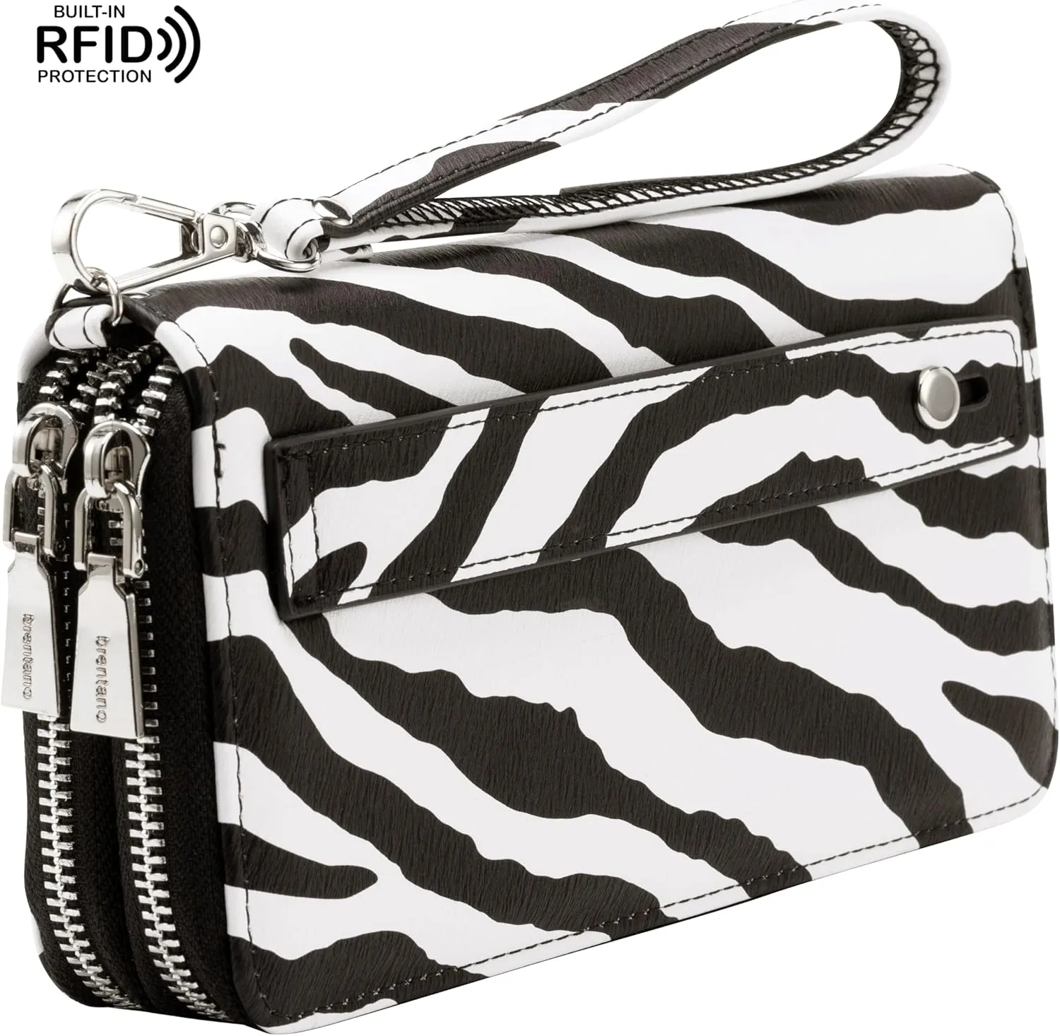 B BRENTANO Vegan Leather Double Zipper Pocket Wallet with Grip Hand Strap RFID Blocking (NN ZEBRA BLACK)