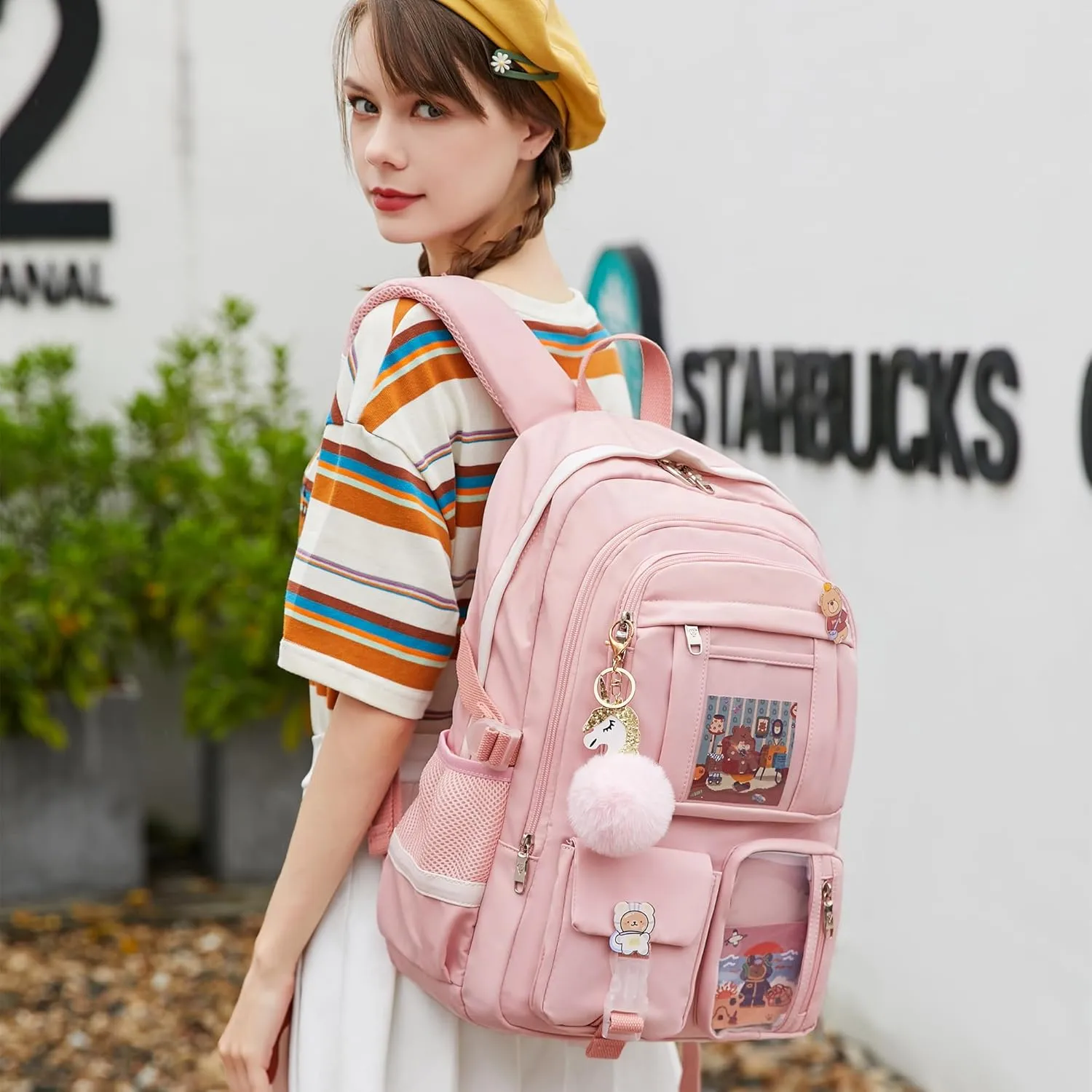 Backpack for Girls with Accessories Laptop Bookbags 16 Inch Kawaii Kids Elementary Middle High School Bag College Travel Daypack Gifts for Teens Women Students (Pink)
