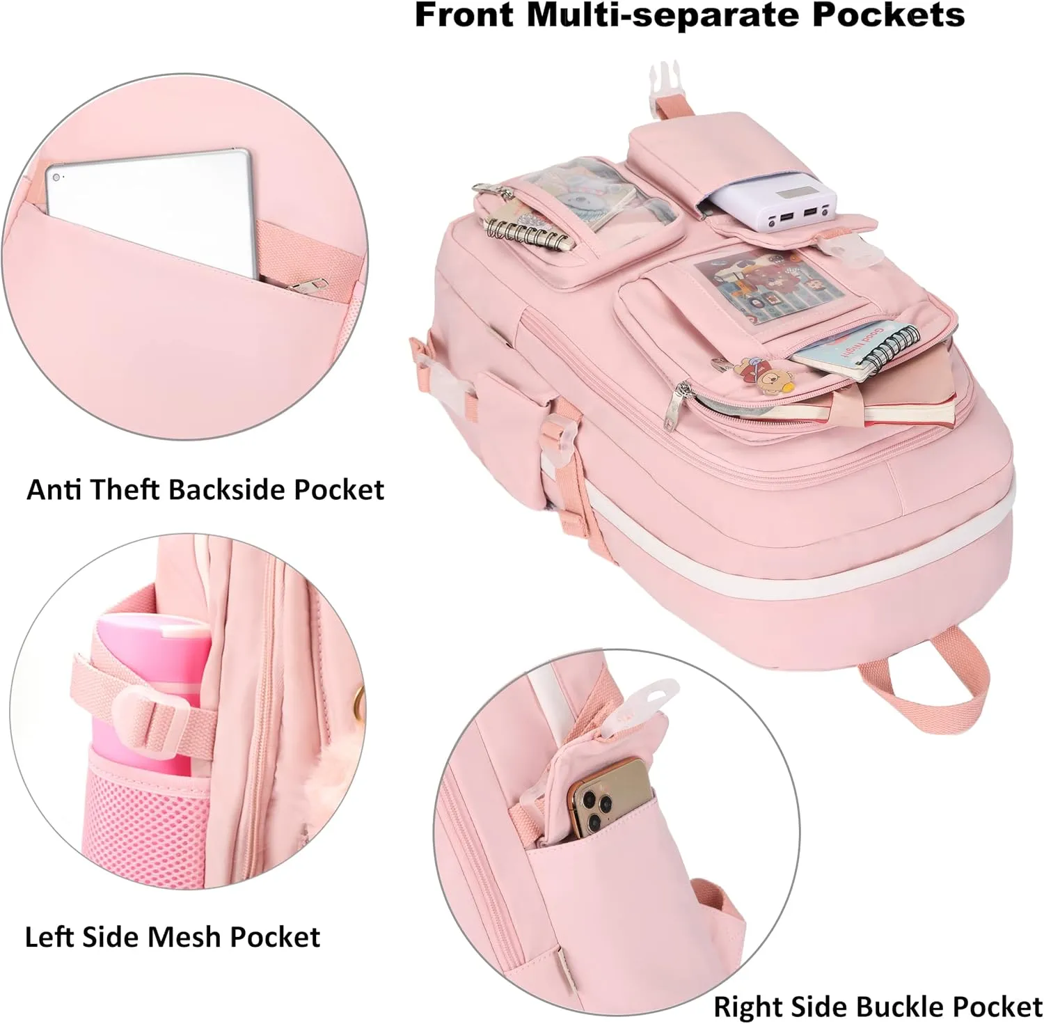 Backpack for Girls with Accessories Laptop Bookbags 16 Inch Kawaii Kids Elementary Middle High School Bag College Travel Daypack Gifts for Teens Women Students (Pink)